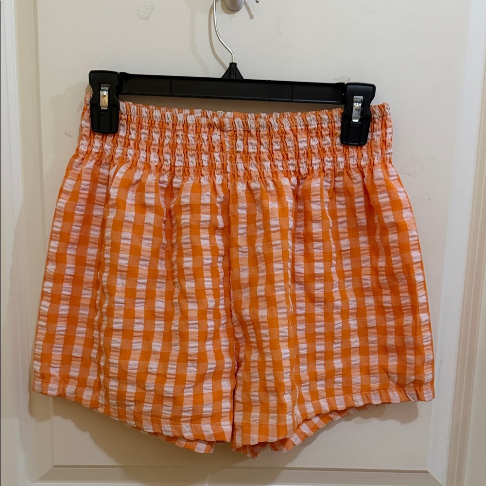 SHEIN Orange Plaid High Waist Shorts
